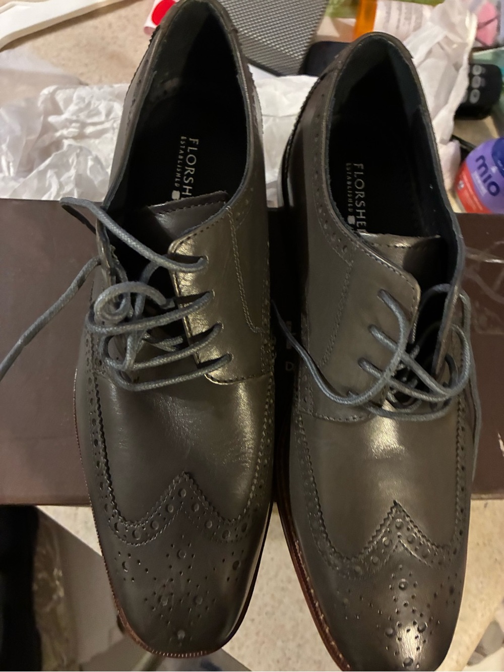 Florsheim Mens Shoes 8 1/2 D Gray Leather Oxford Wingtips